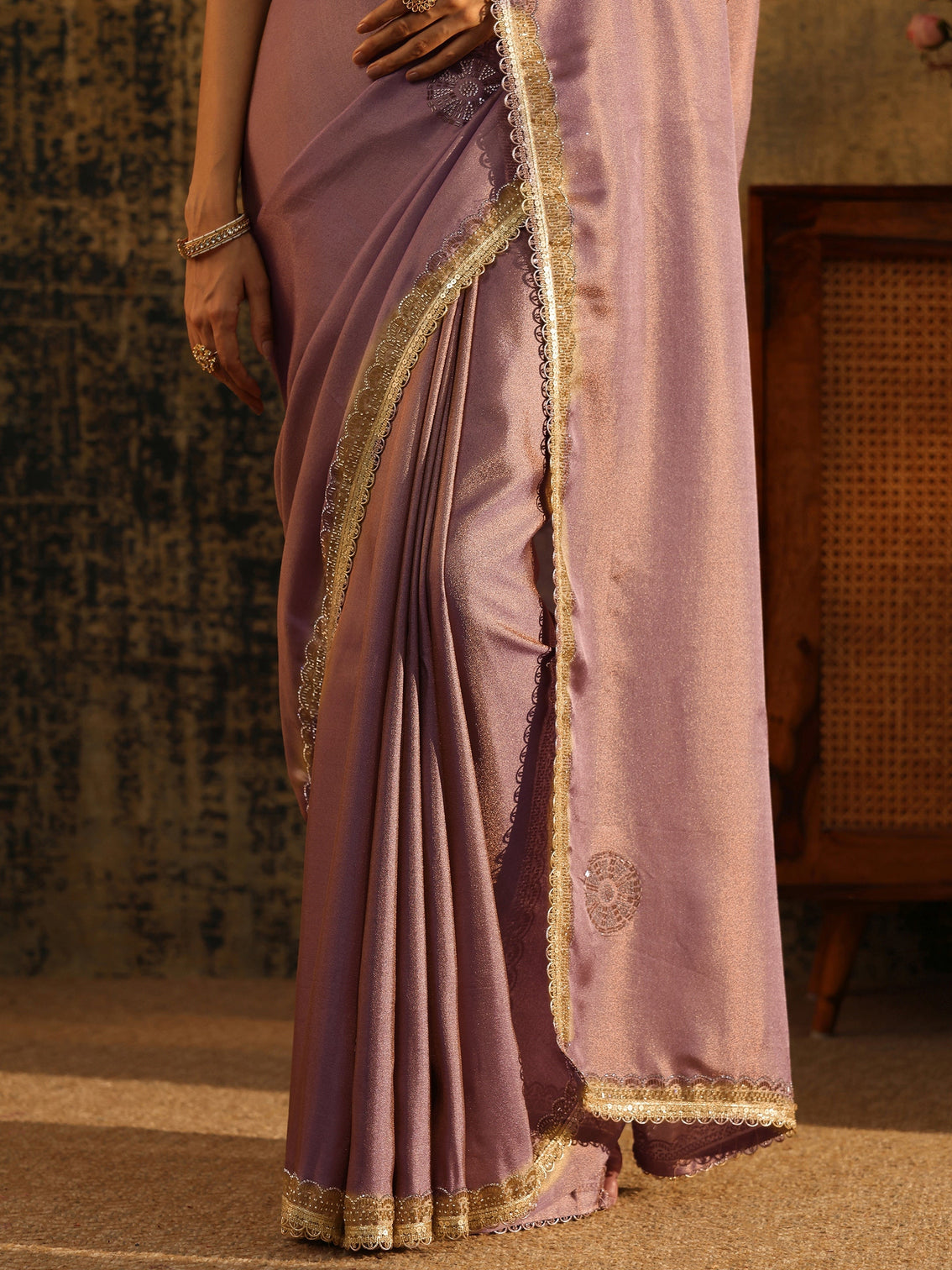 Mameraa Lavender Embellished Tissue Saree with Gota Border