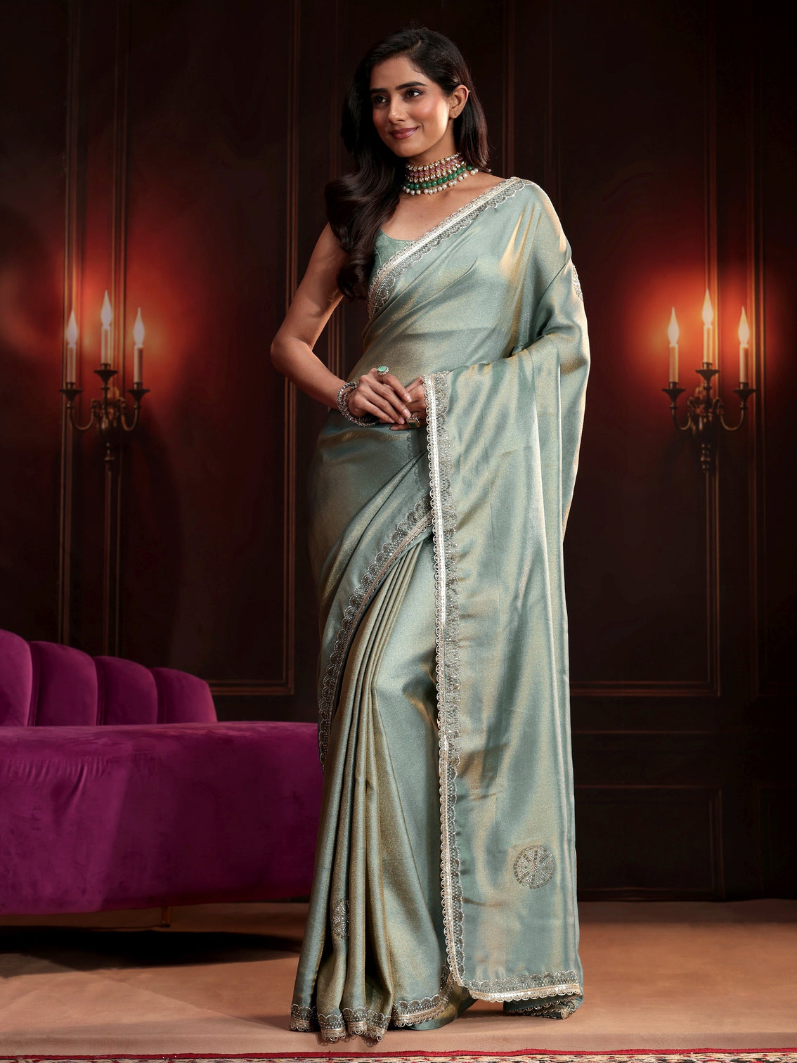 Mameraa Dusty Aqua Blue Embellished Tissue Saree