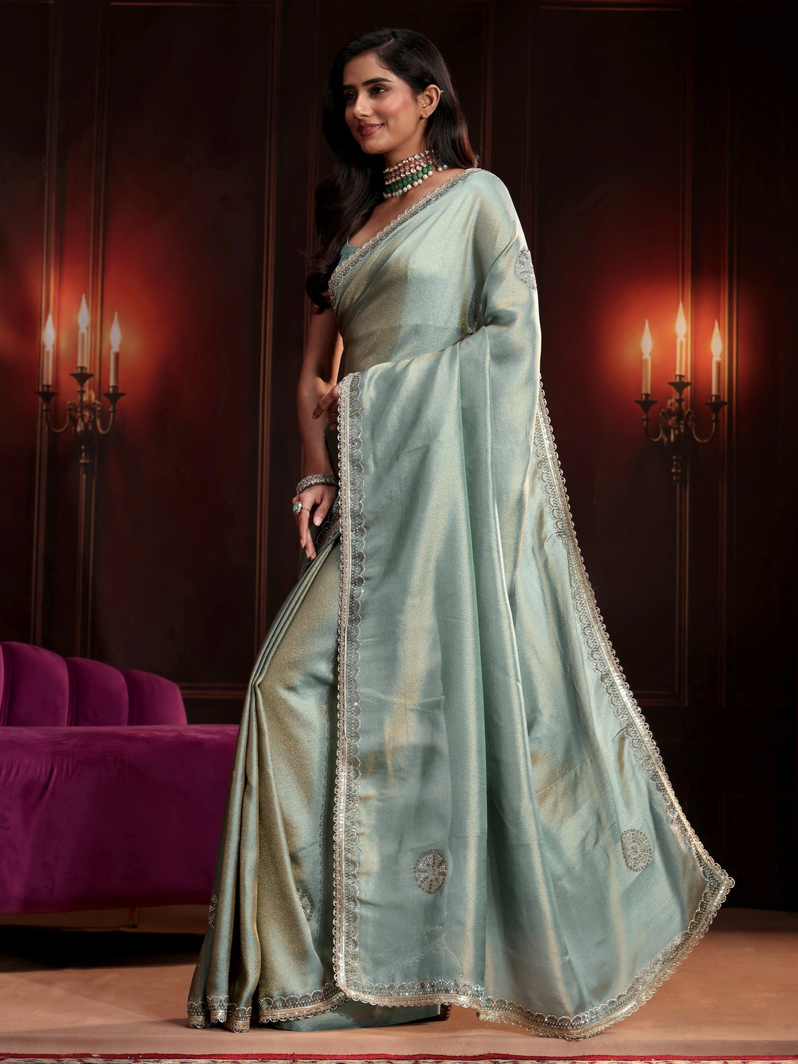 Mameraa Dusty Aqua Blue Embellished Tissue Saree