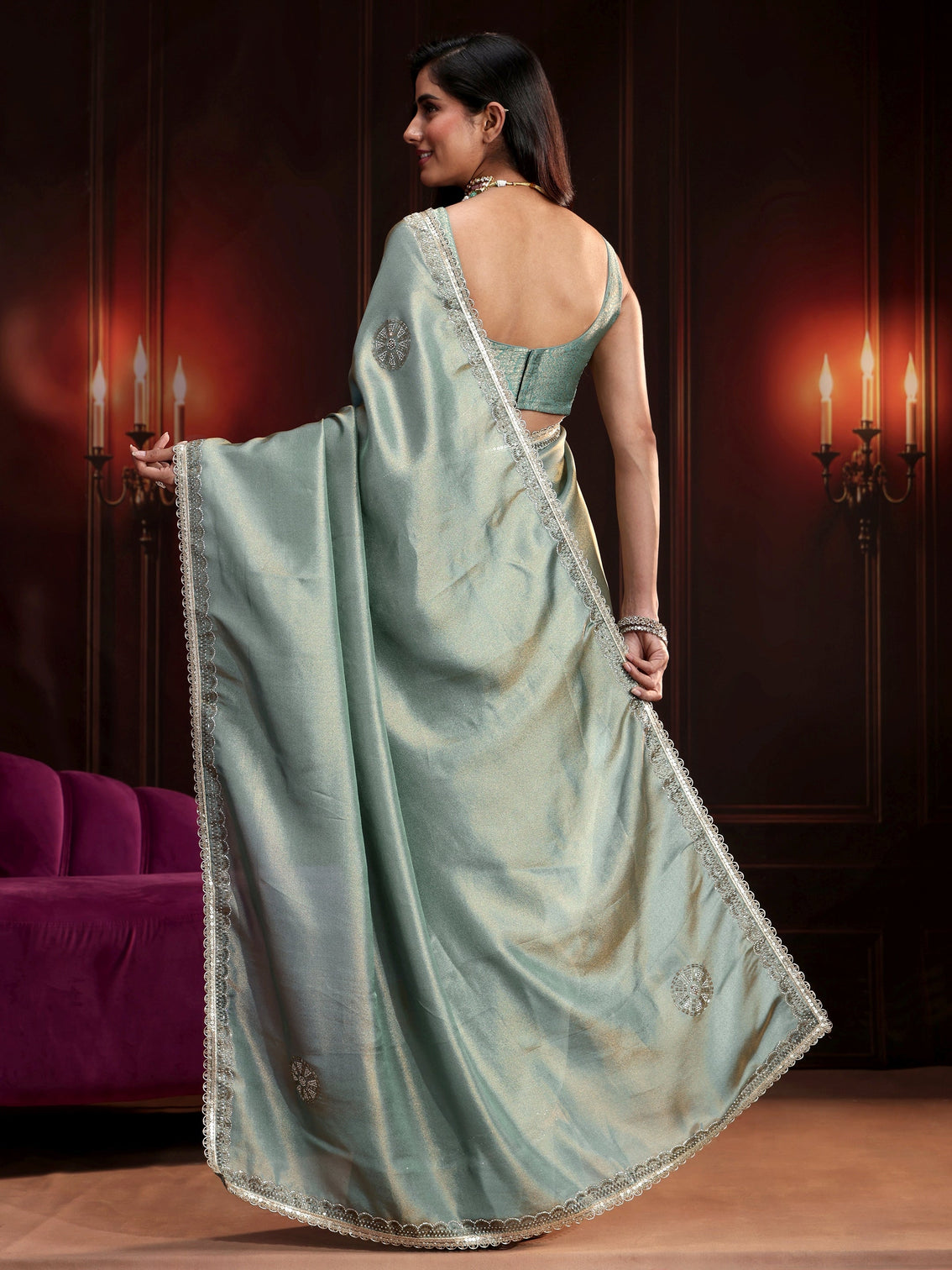 Mameraa Dusty Aqua Blue Embellished Tissue Saree