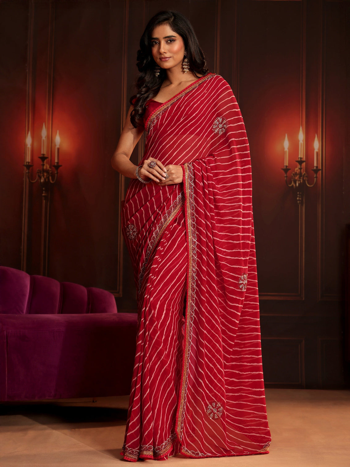 Mameraa Crimson Red Leheriya Printed Embellished Georgette Saree