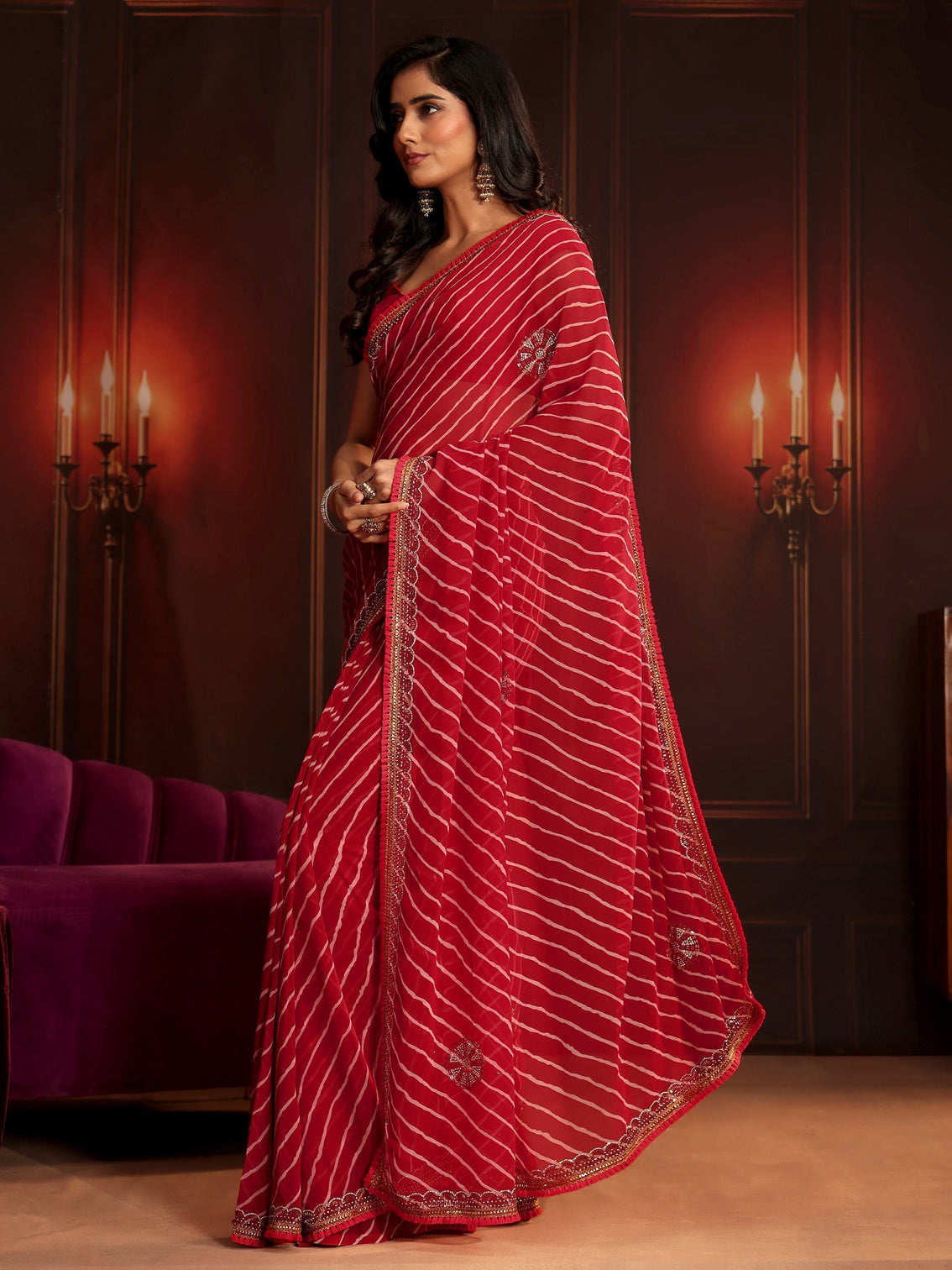 Mameraa Crimson Red Leheriya Printed Embellished Georgette Saree