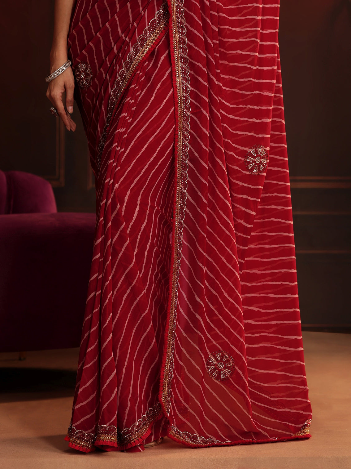 Mameraa Crimson Red Leheriya Printed Embellished Georgette Saree