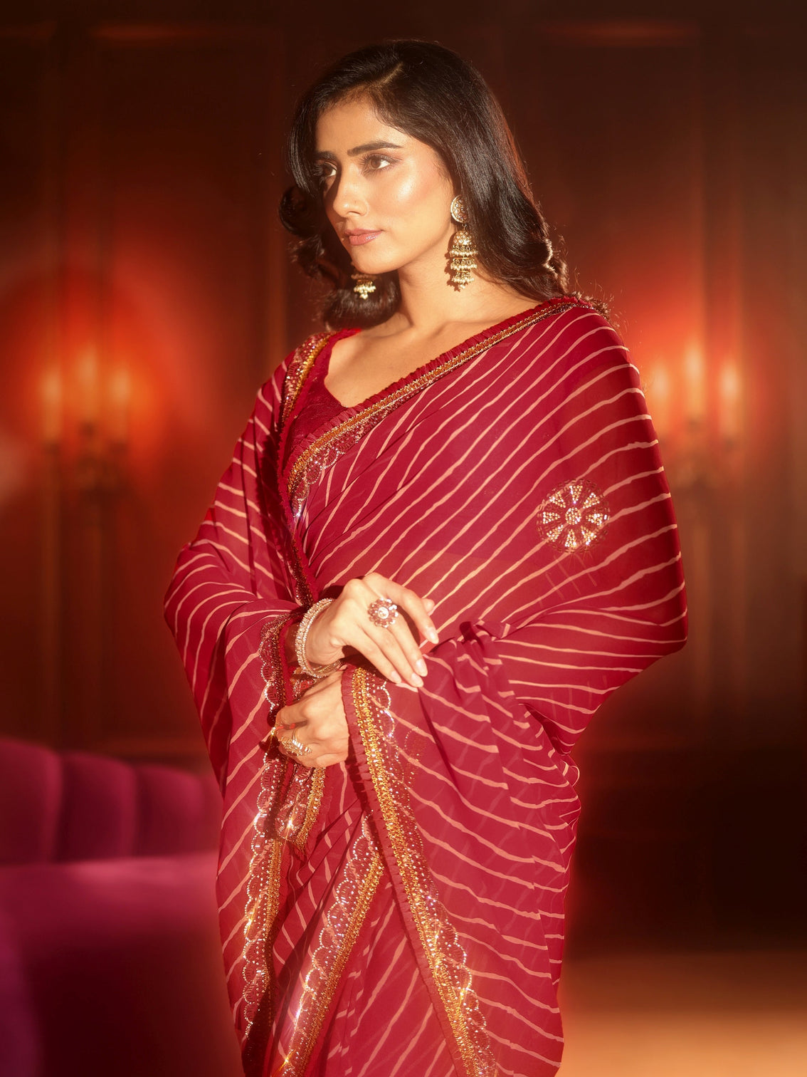 Mameraa Crimson Red Leheriya Printed Embellished Georgette Saree
