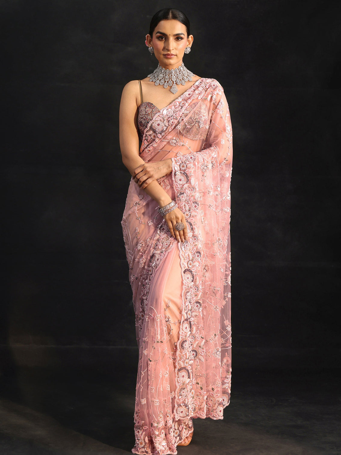 Mameraa Art Blush Pink Bead and Sequin Embellished Floral Net Saree