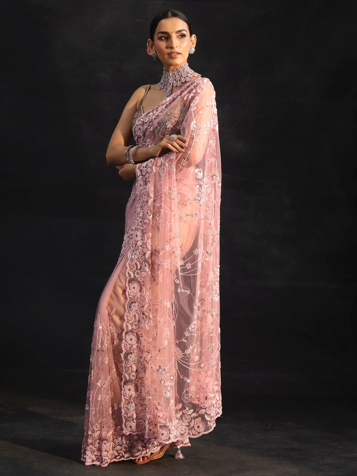 Mameraa Art Blush Pink Bead and Sequin Embellished Floral Net Saree
