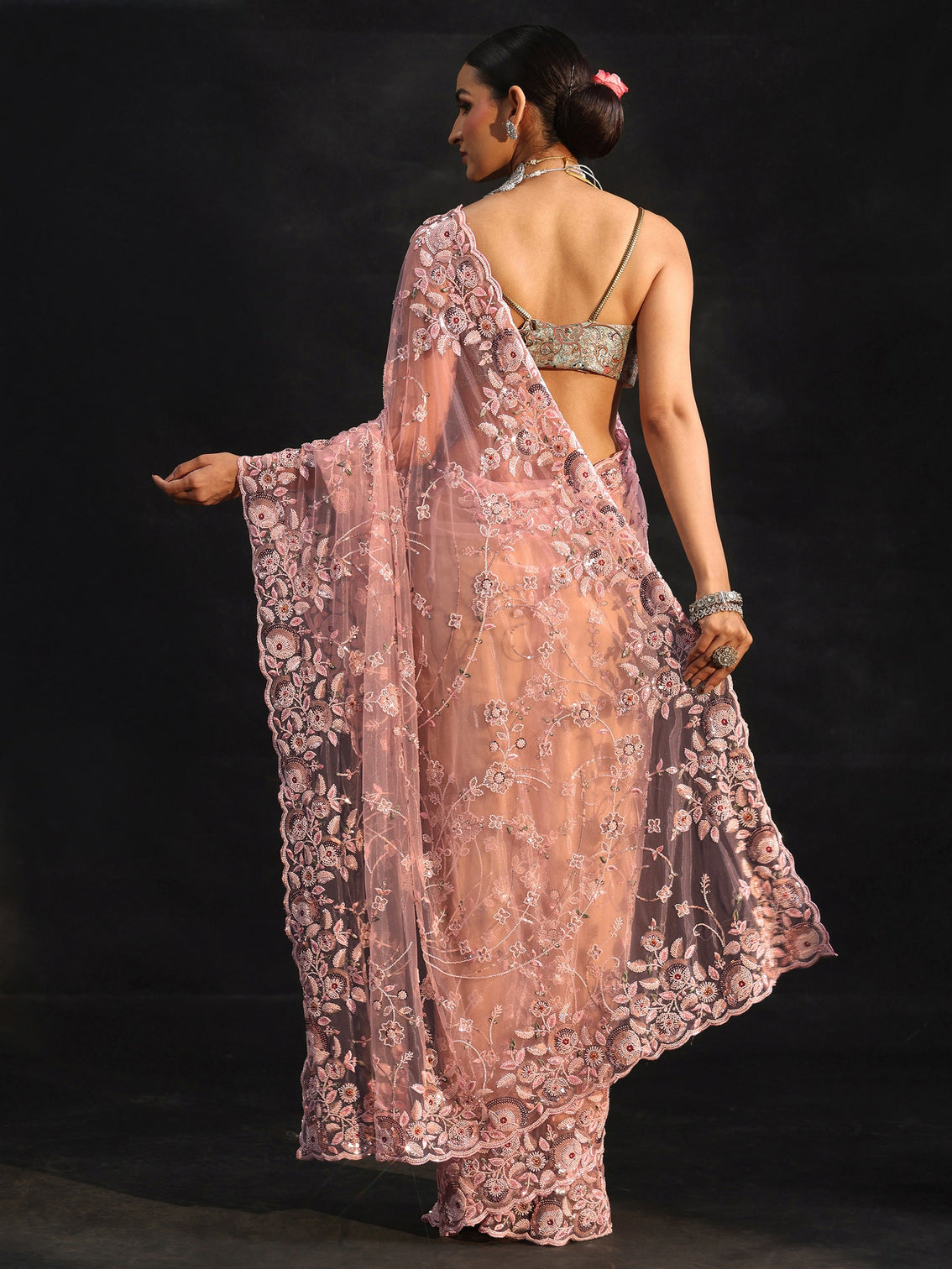 Mameraa Art Blush Pink Bead and Sequin Embellished Floral Net Saree