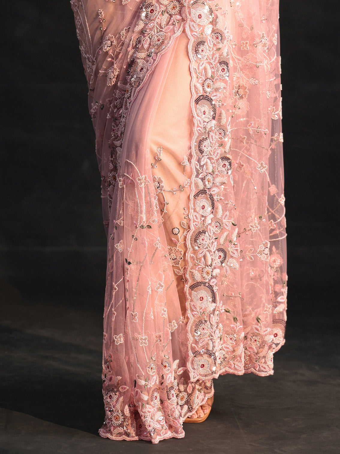 Mameraa Art Blush Pink Bead and Sequin Embellished Floral Net Saree