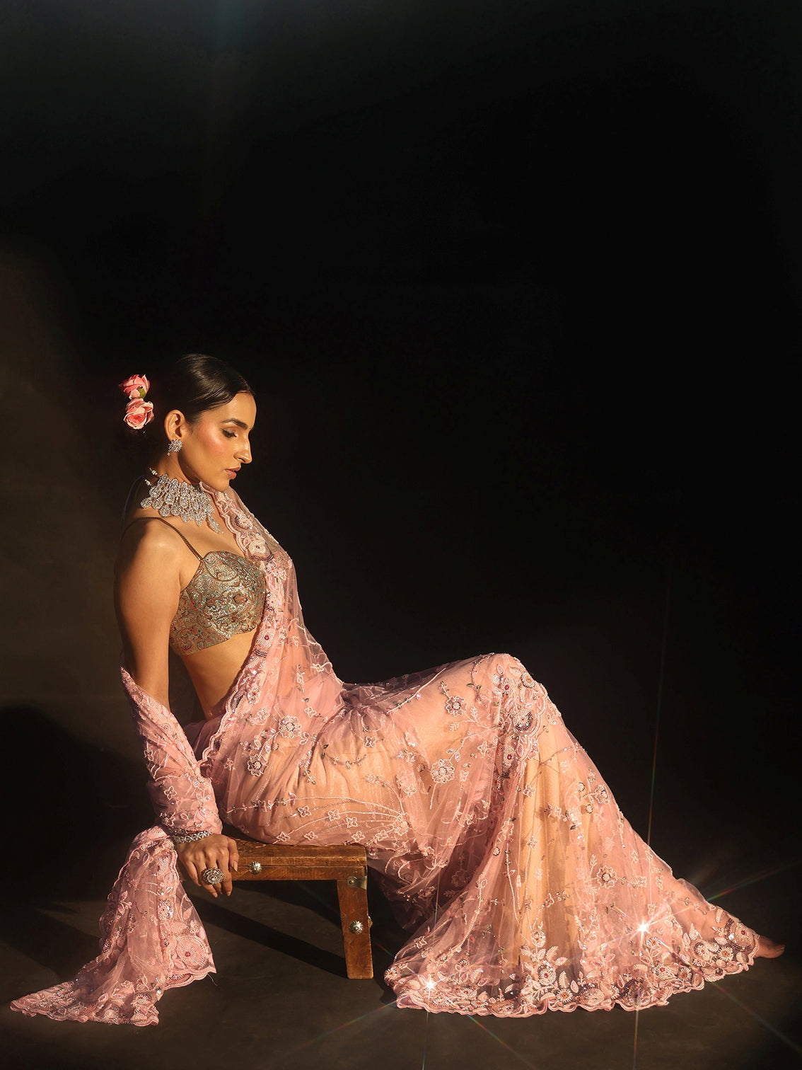 Mameraa Art Blush Pink Bead and Sequin Embellished Floral Net Saree
