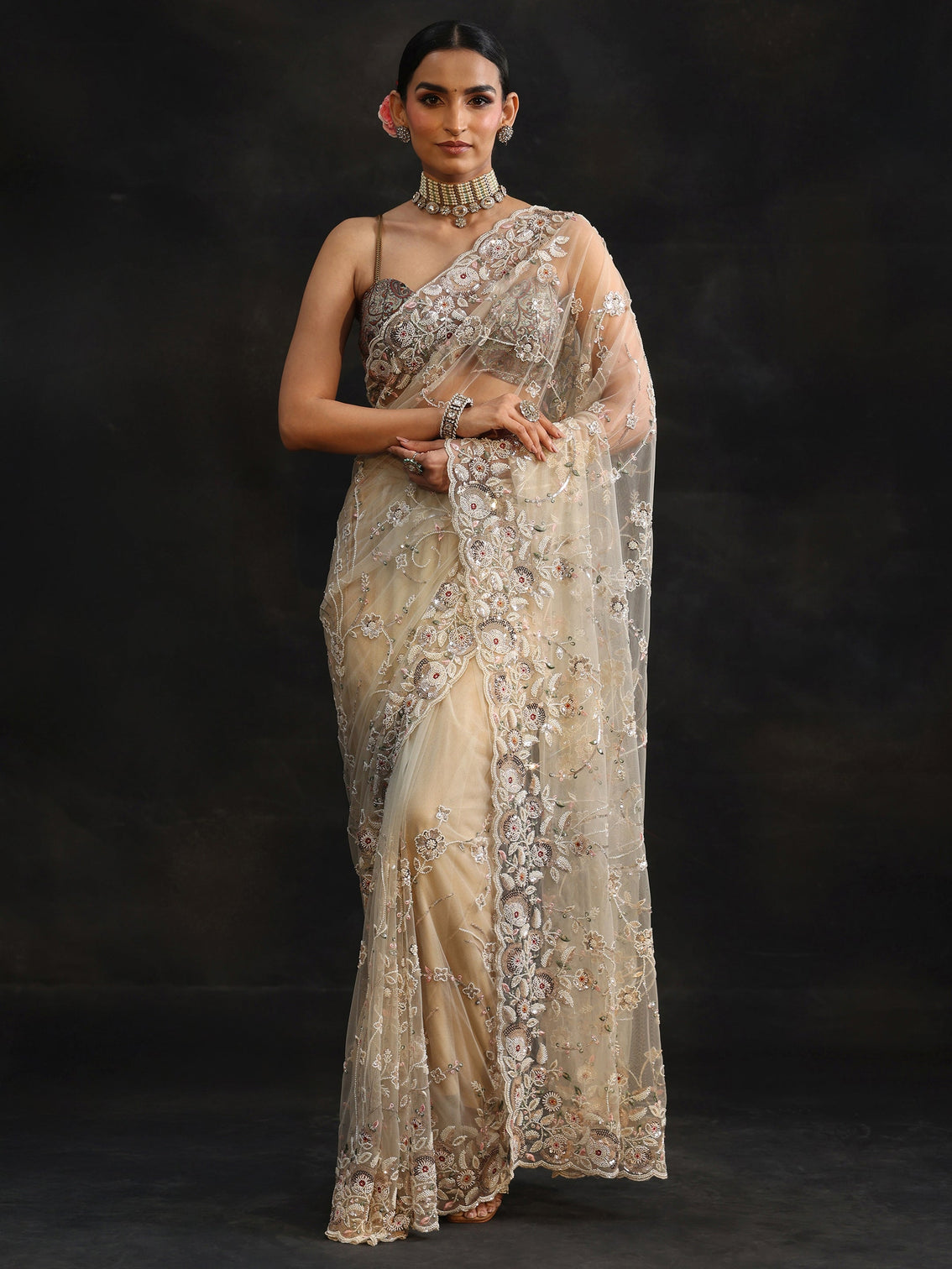 Mameraa Art Cream Bead and Sequin Embellished Floral Net Saree