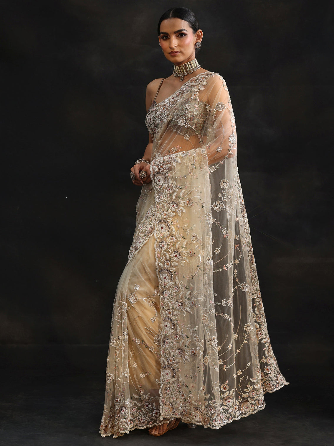 Mameraa Art Cream Bead and Sequin Embellished Floral Net Saree