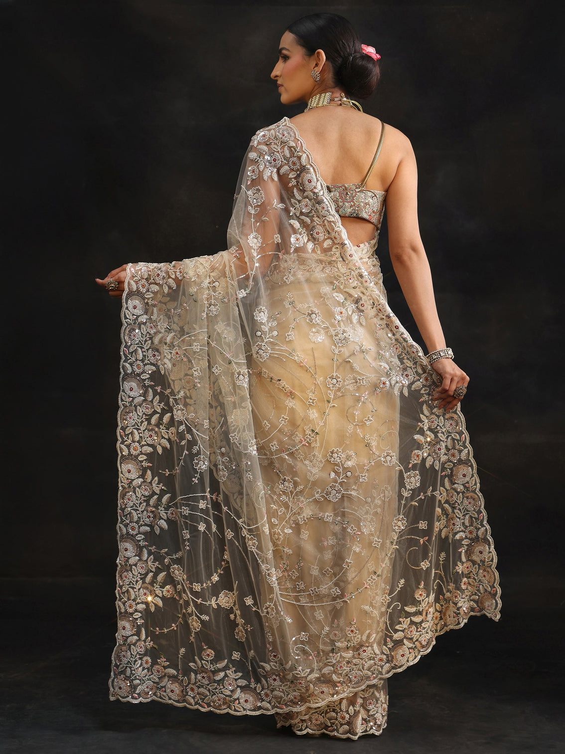 Mameraa Art Cream Bead and Sequin Embellished Floral Net Saree