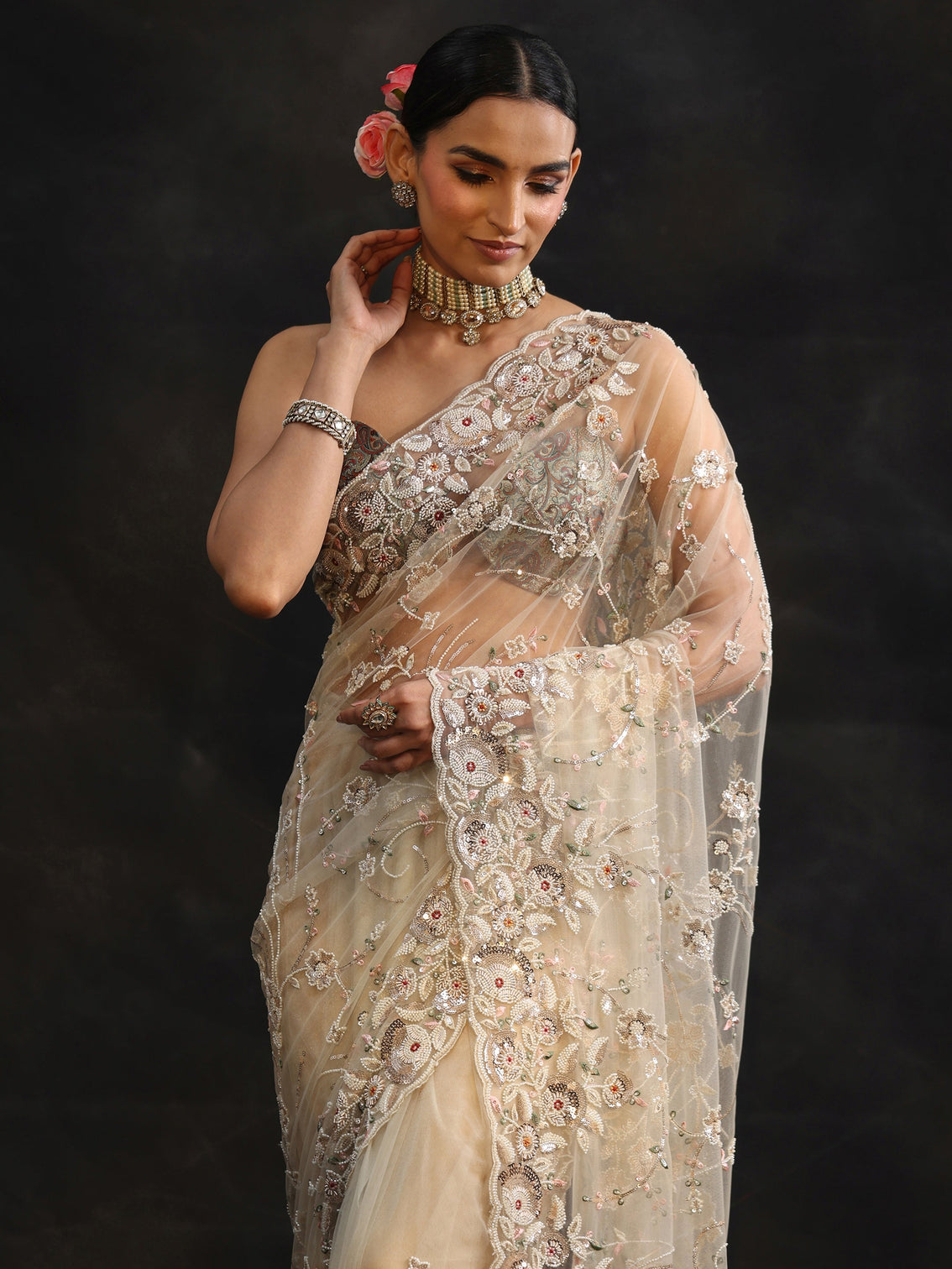 Mameraa Art Cream Bead and Sequin Embellished Floral Net Saree