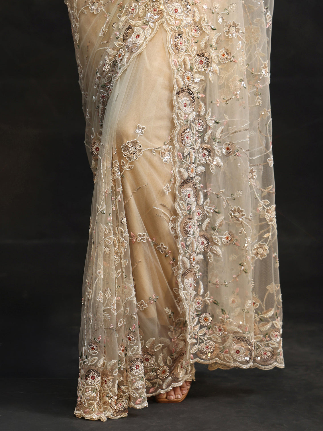 Mameraa Art Cream Bead and Sequin Embellished Floral Net Saree