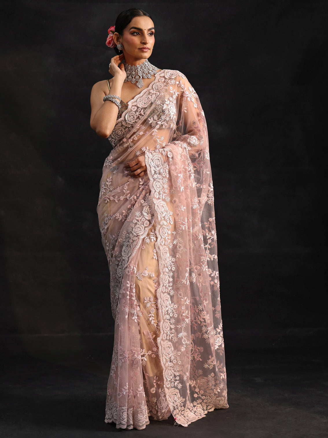 Mameraa Art Baby Pink Sequin Embellished Floral Net Saree