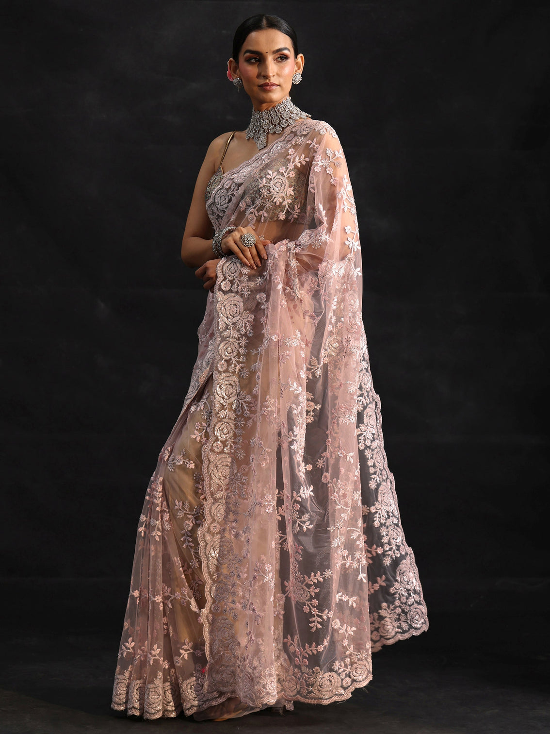 Mameraa Art Baby Pink Sequin Embellished Floral Net Saree