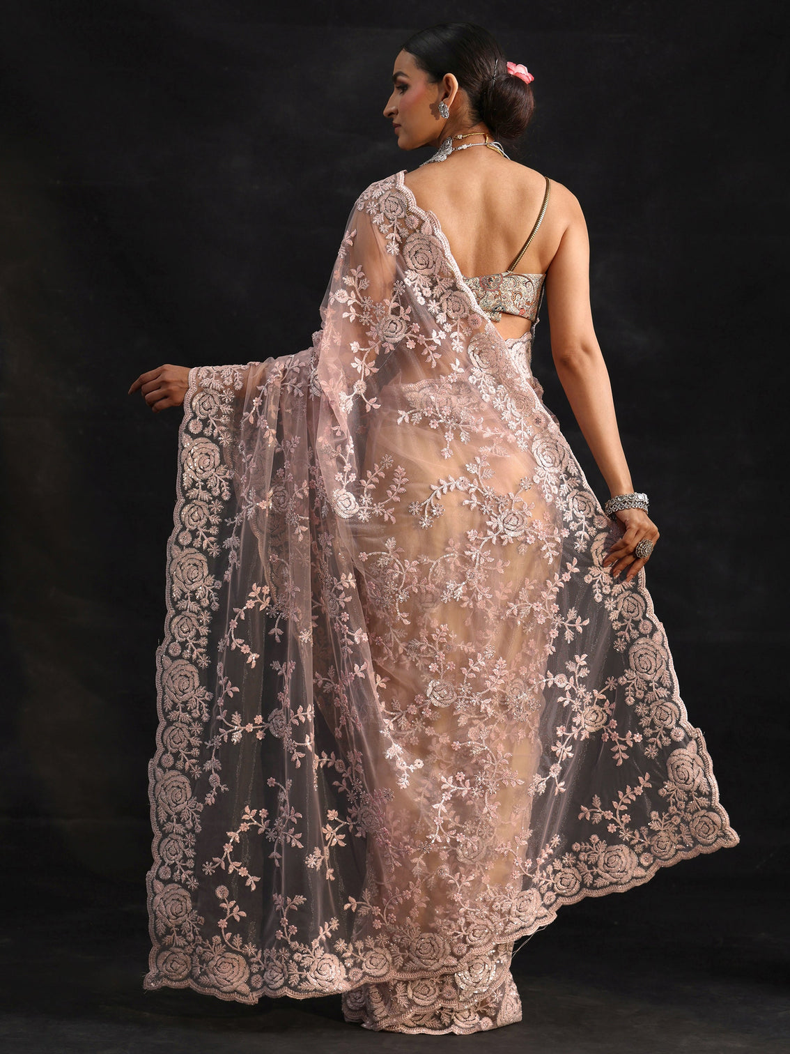 Mameraa Art Baby Pink Sequin Embellished Floral Net Saree