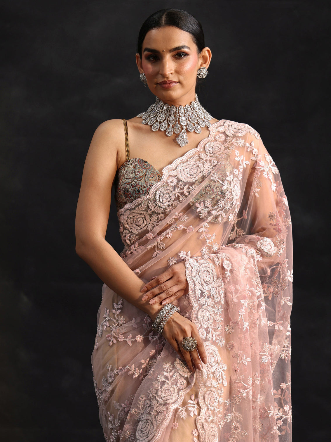 Mameraa Art Baby Pink Sequin Embellished Floral Net Saree