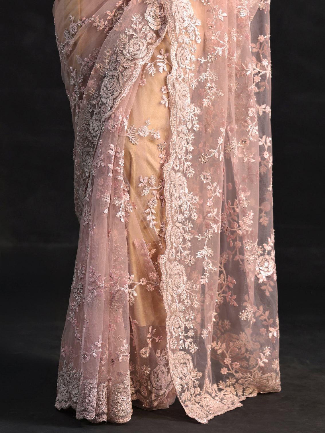 Mameraa Art Baby Pink Sequin Embellished Floral Net Saree