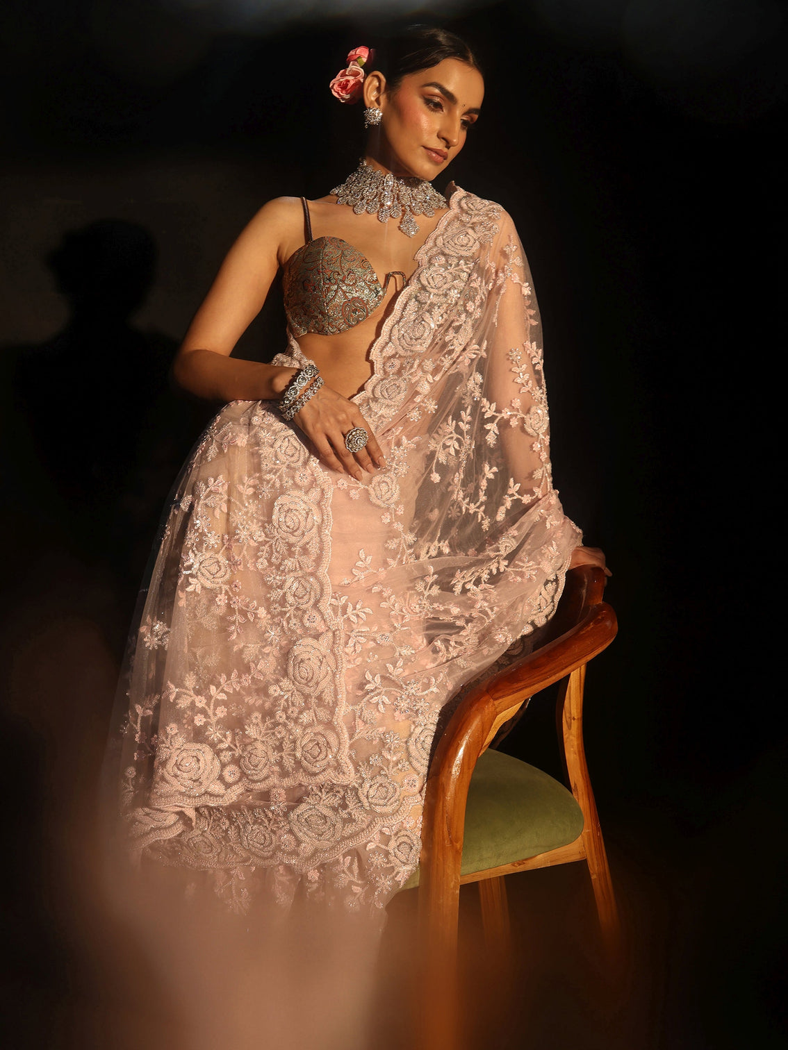 Mameraa Art Baby Pink Sequin Embellished Floral Net Saree