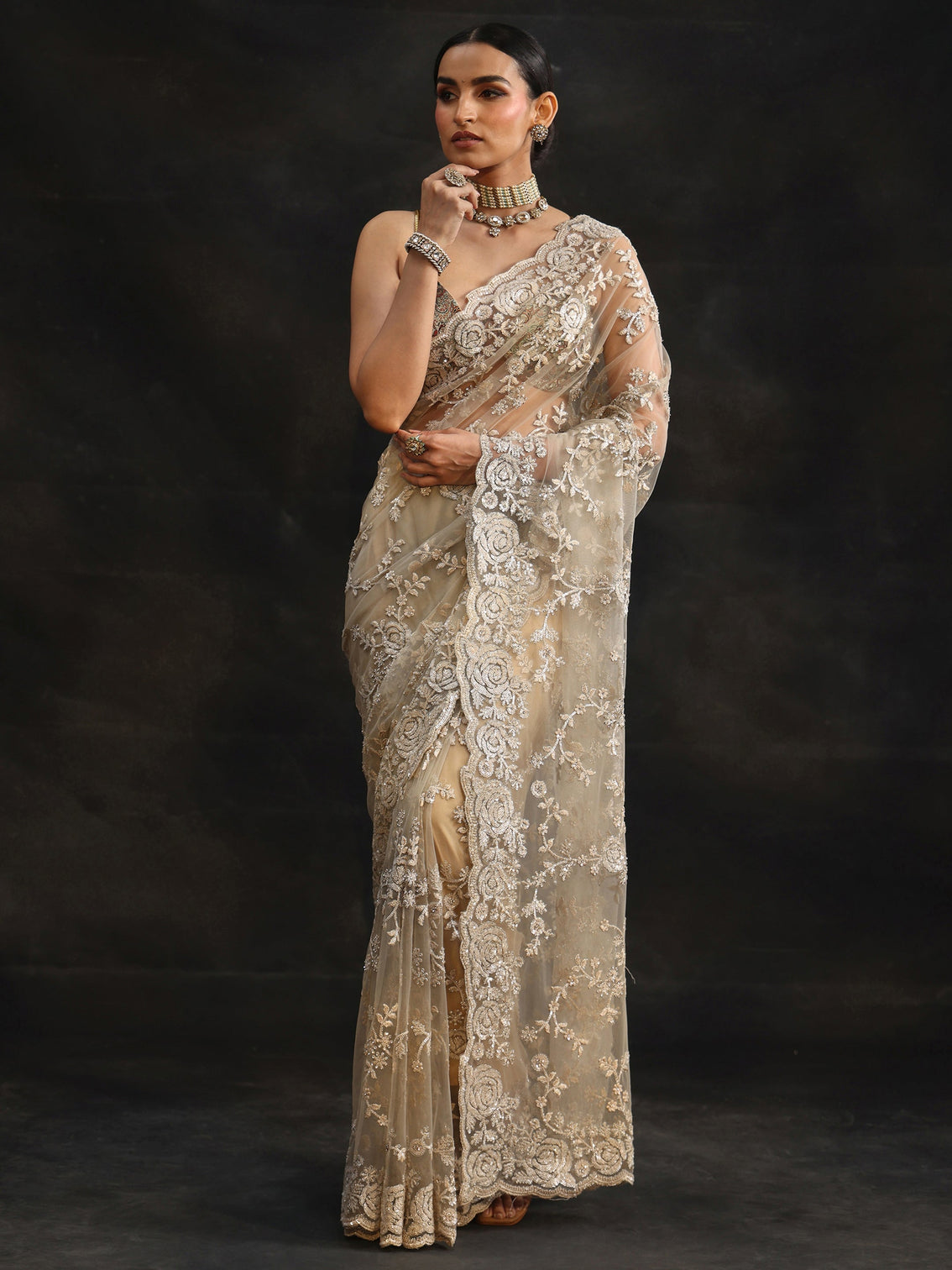 Mameraa Art Taupe Grey Sequin Embellished Floral Net Saree