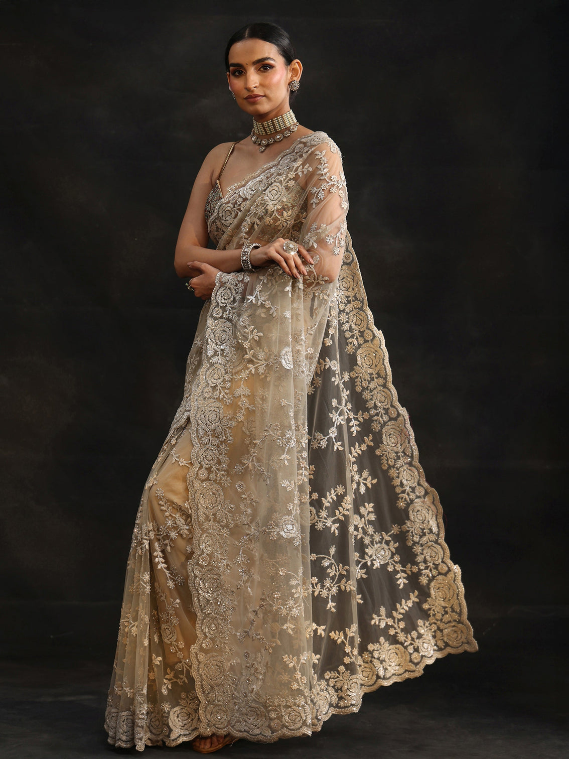 Mameraa Art Taupe Grey Sequin Embellished Floral Net Saree