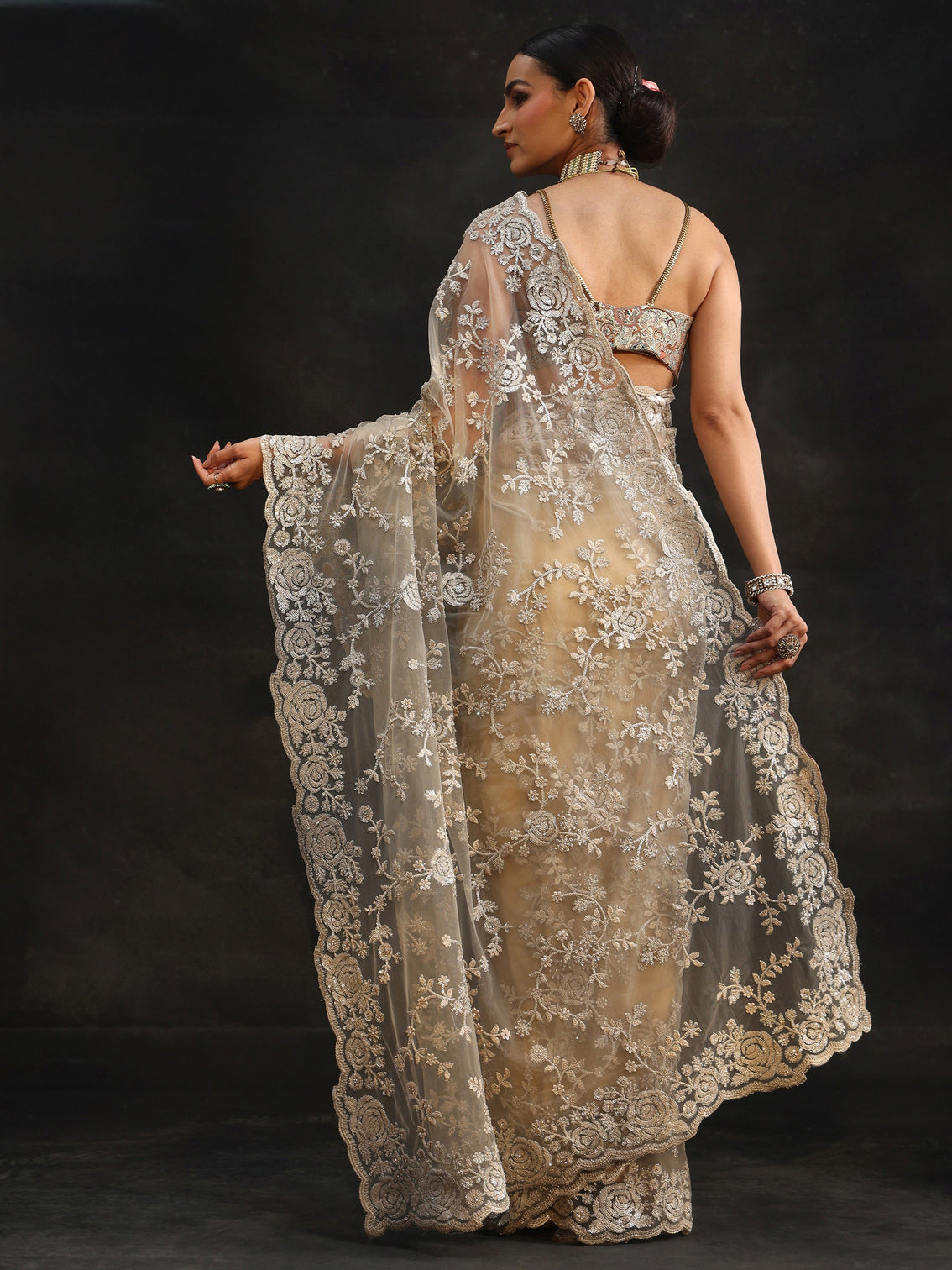 Mameraa Art Taupe Grey Sequin Embellished Floral Net Saree