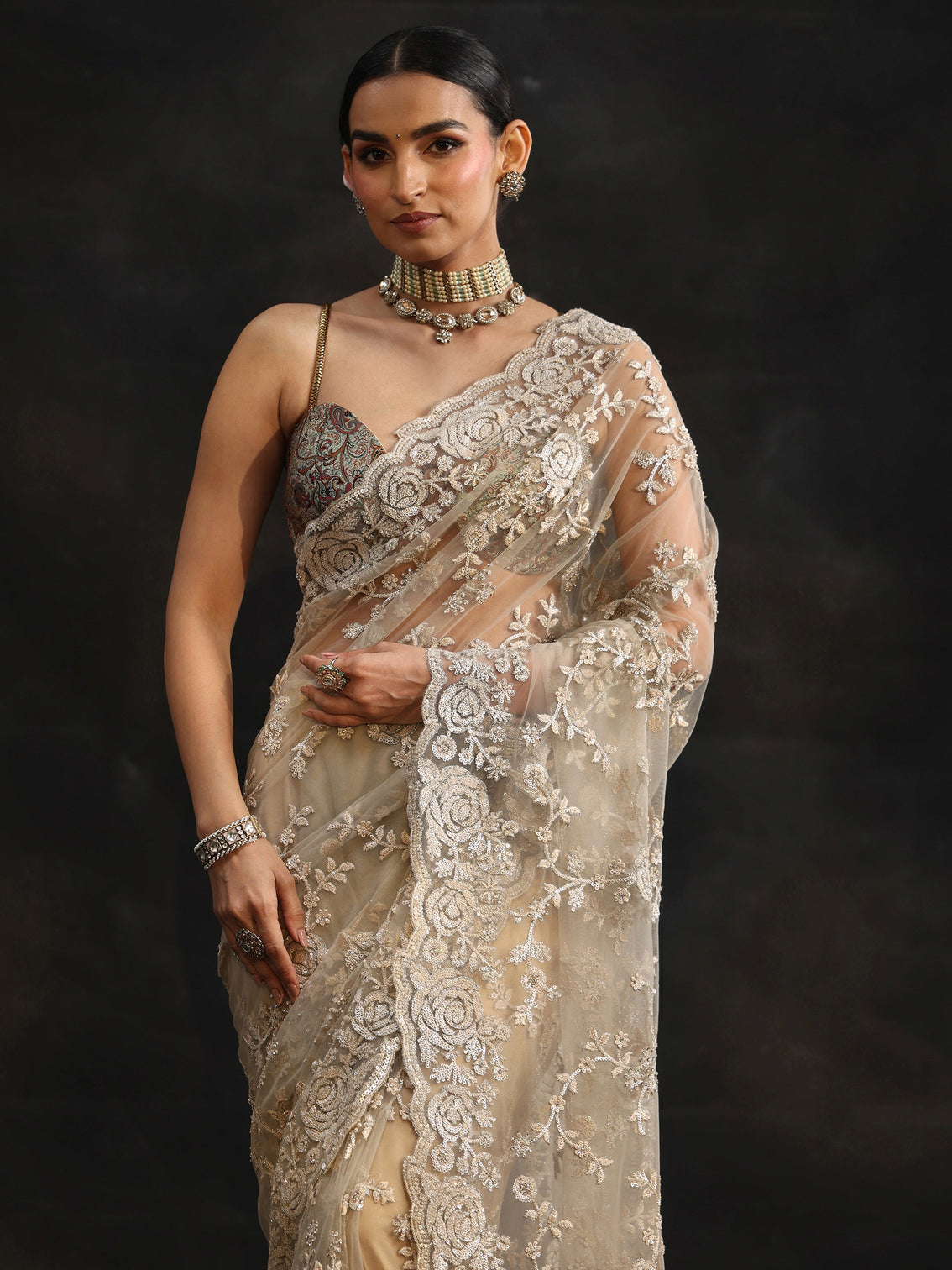 Mameraa Art Taupe Grey Sequin Embellished Floral Net Saree