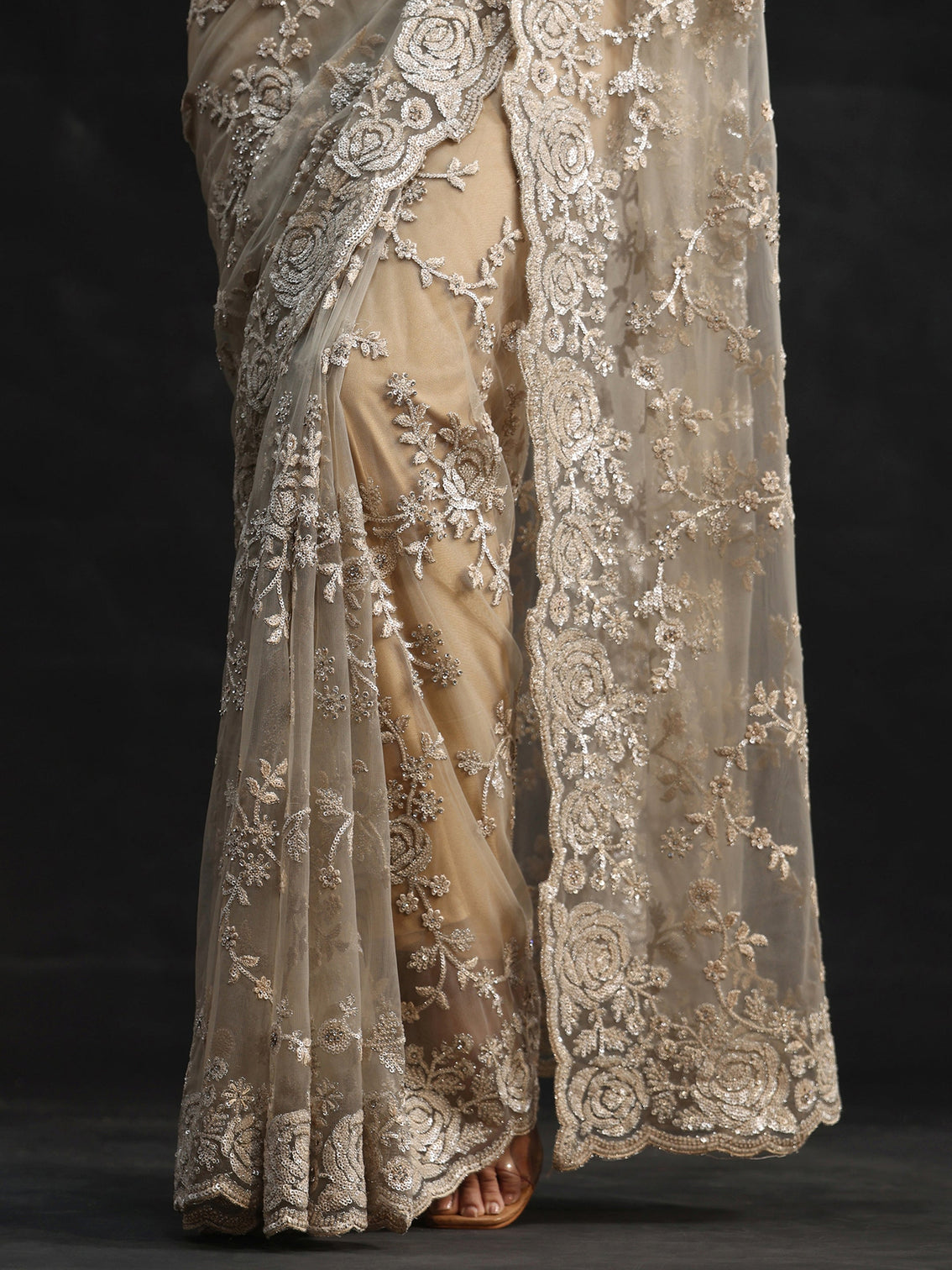 Mameraa Art Taupe Grey Sequin Embellished Floral Net Saree