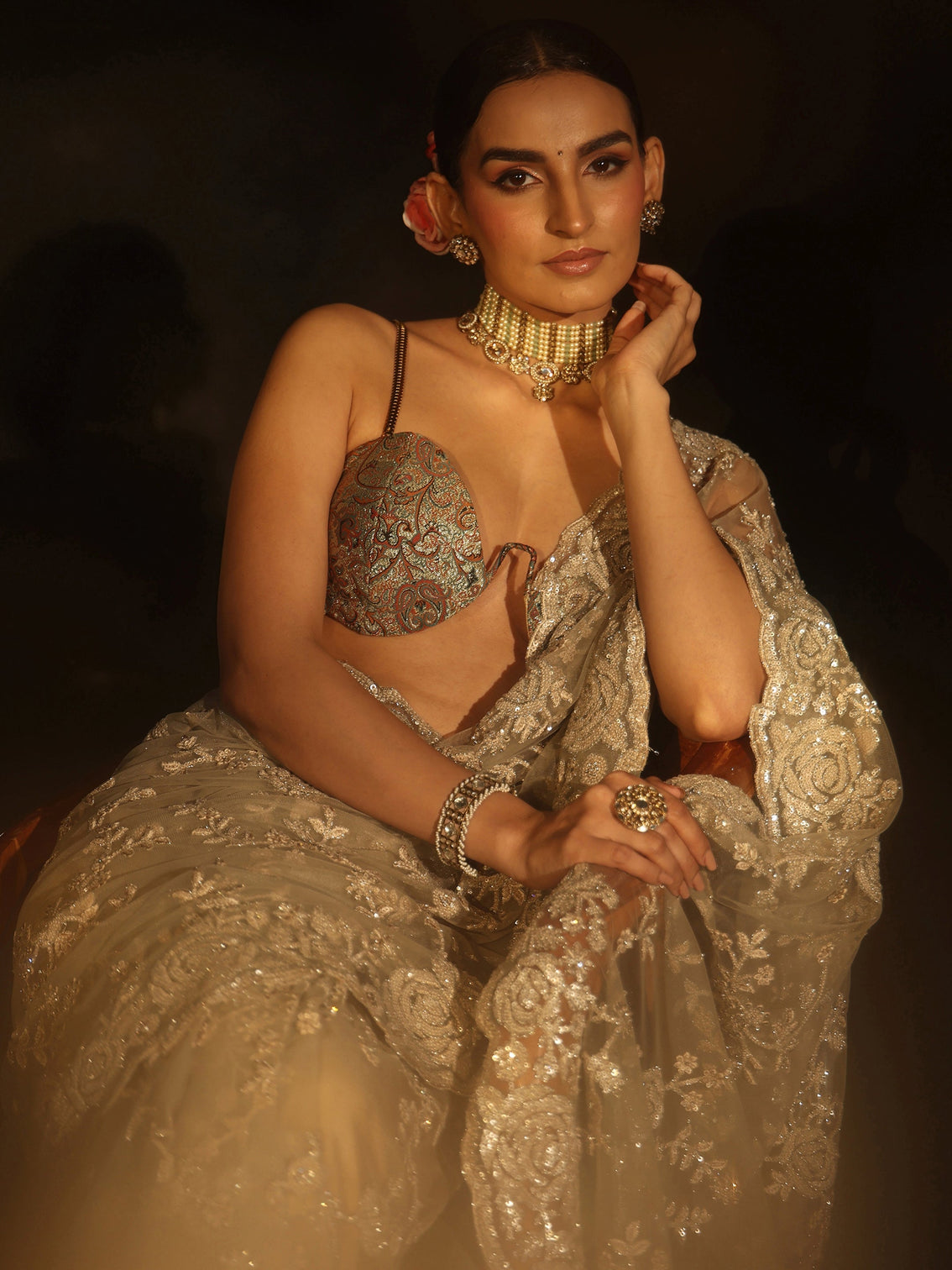 Mameraa Art Taupe Grey Sequin Embellished Floral Net Saree