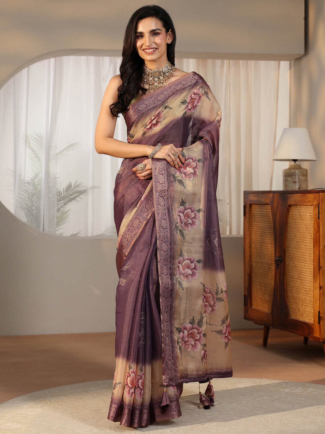 Mameraa Purple Floral Printed Silk Blend Ombre Saree with Woven Border
