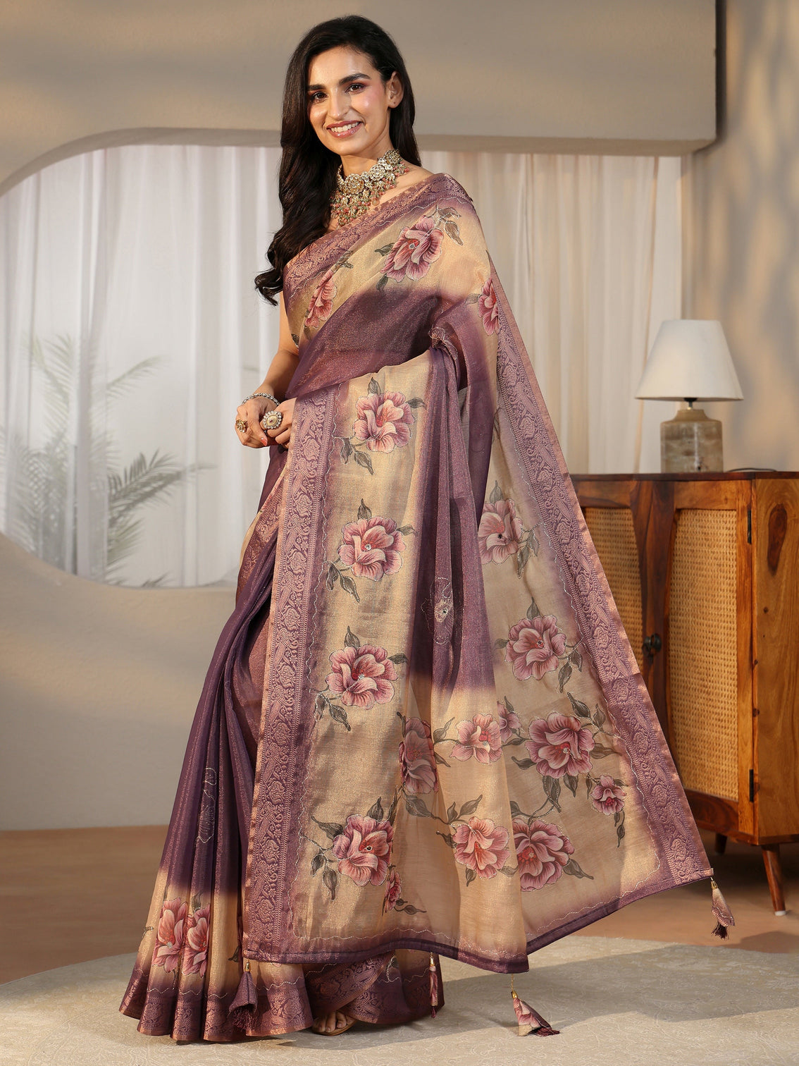Mameraa Purple Floral Printed Silk Blend Ombre Saree with Woven Border
