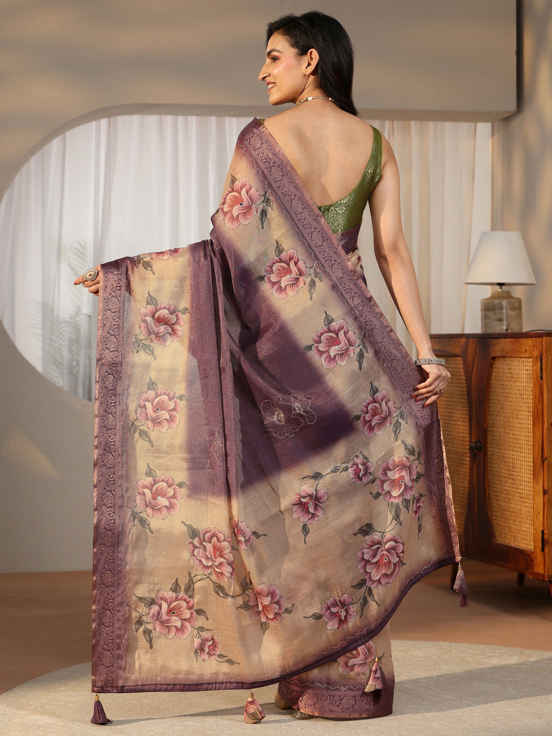 Mameraa Purple Floral Printed Silk Blend Ombre Saree with Woven Border