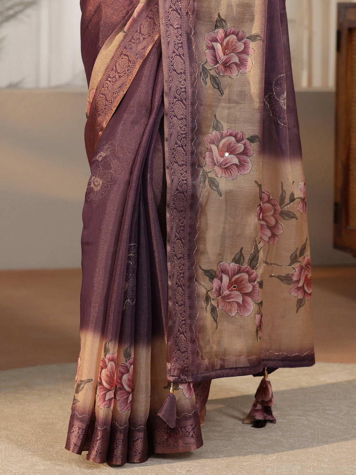 Mameraa Purple Floral Printed Silk Blend Ombre Saree with Woven Border