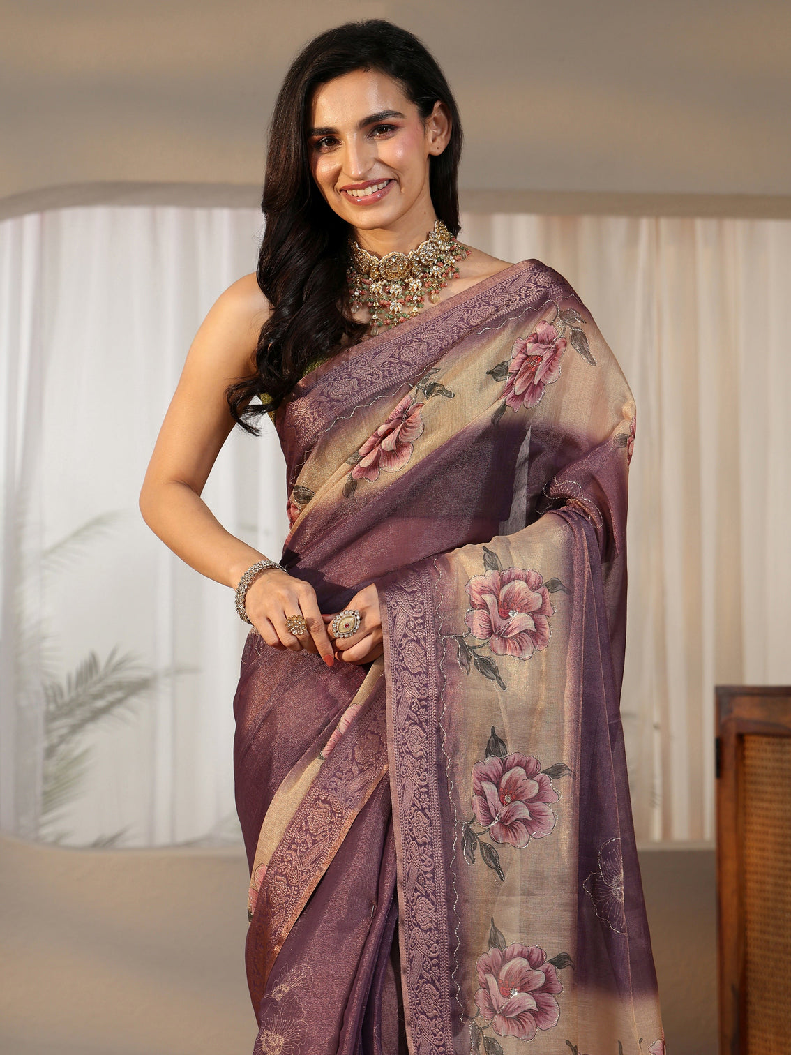 Mameraa Purple Floral Printed Silk Blend Ombre Saree with Woven Border