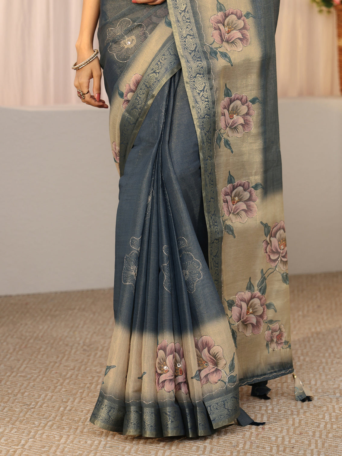 Mameraa Dusty Blue Floral Printed Silk Blend Ombre Saree with Woven Border