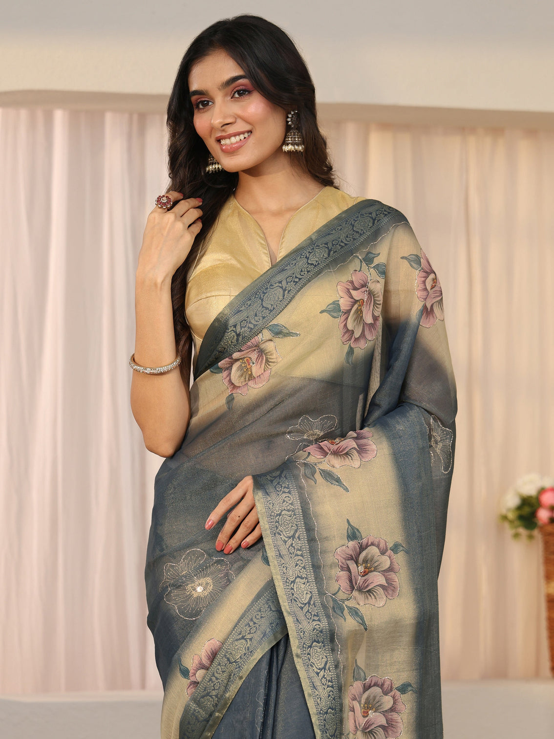 Mameraa Dusty Blue Floral Printed Silk Blend Ombre Saree with Woven Border