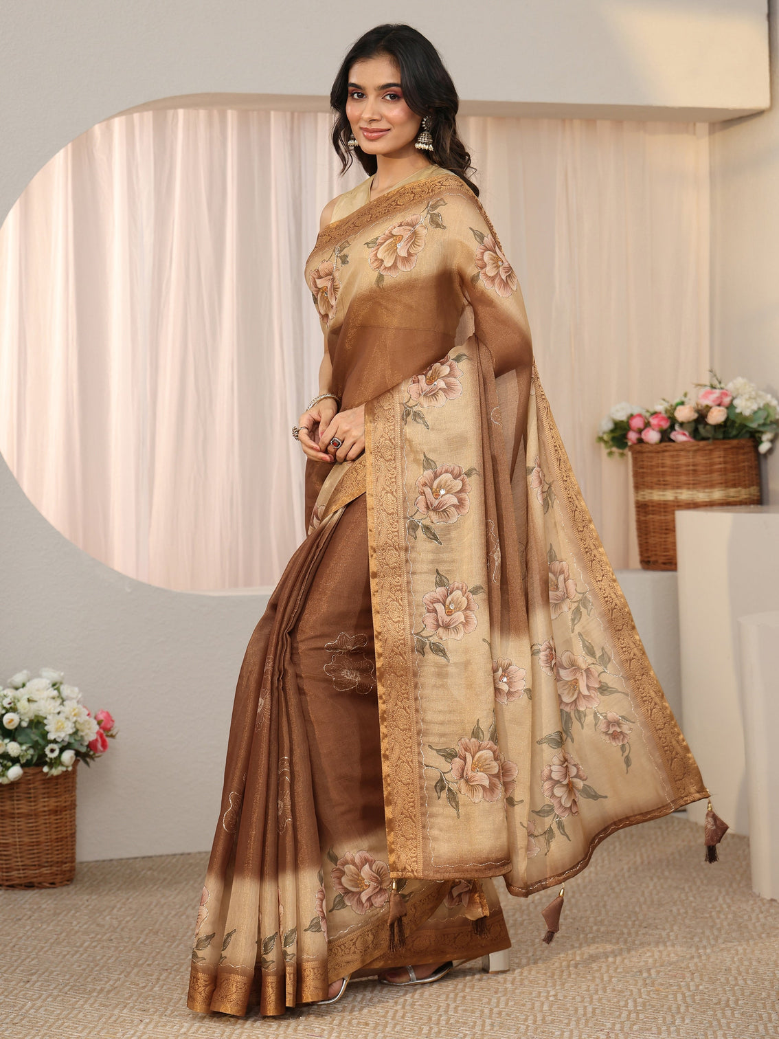 Mameraa Brown Floral Printed Silk Blend Ombre Saree with Woven Border