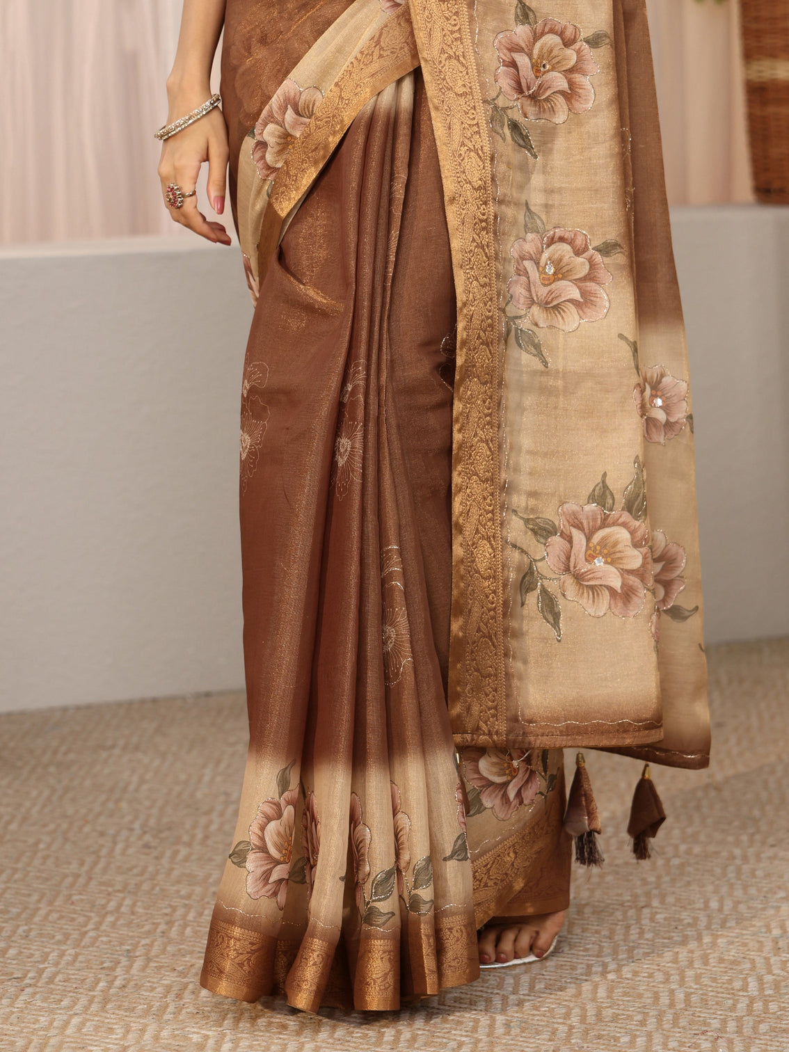 Mameraa Brown Floral Printed Silk Blend Ombre Saree with Woven Border