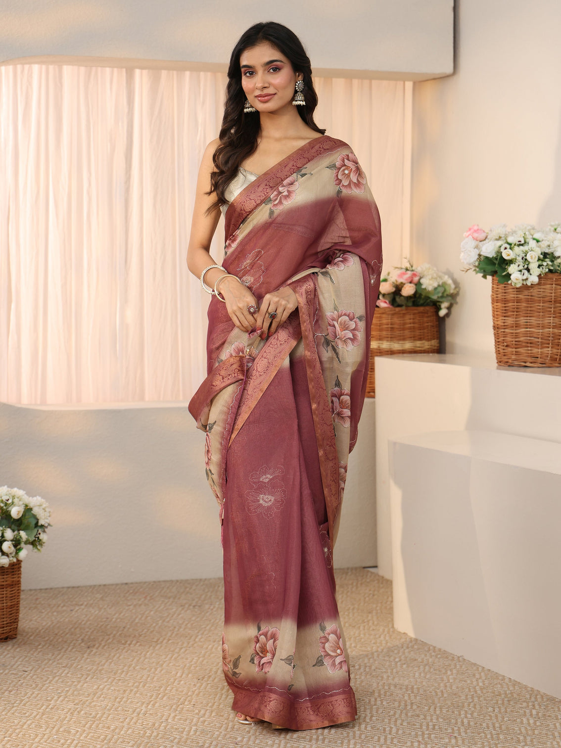 Mameraa Mauve Floral Printed Silk Blend Ombre Saree with Woven Border