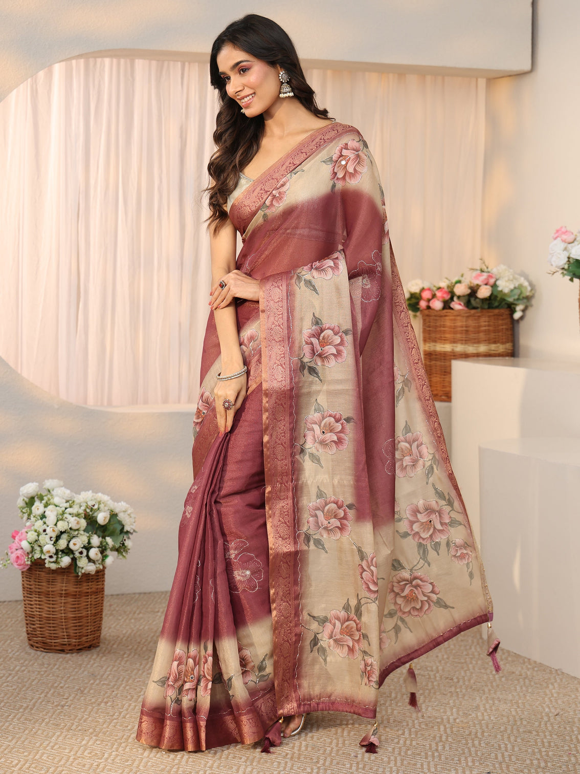 Mameraa Mauve Floral Printed Silk Blend Ombre Saree with Woven Border
