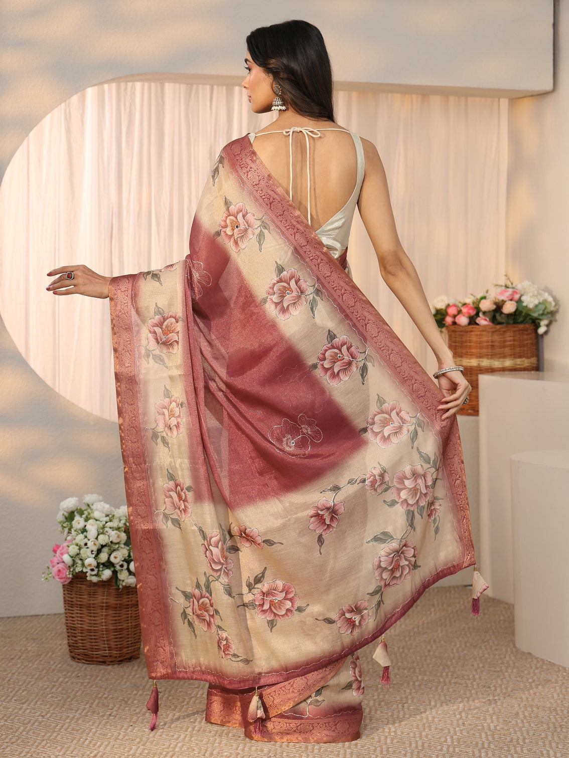 Mameraa Mauve Floral Printed Silk Blend Ombre Saree with Woven Border