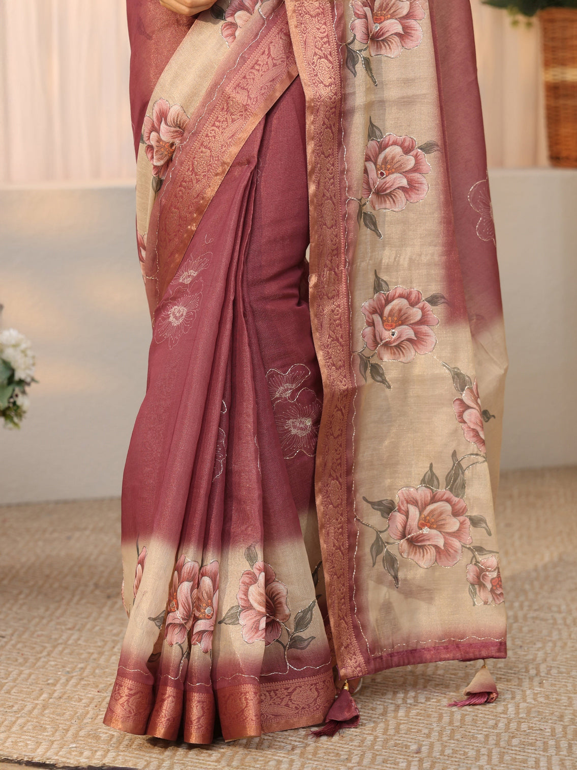Mameraa Mauve Floral Printed Silk Blend Ombre Saree with Woven Border