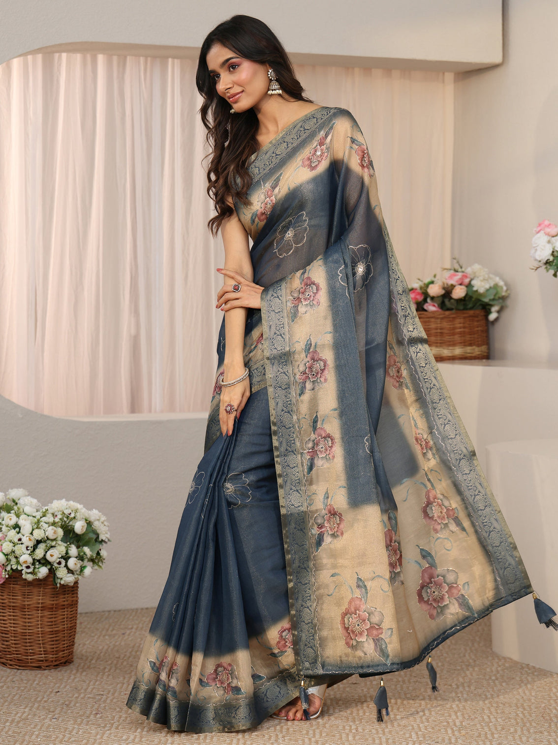 Mameraa Dusty Blue Floral Printed Silk Blend Ombre Saree with Woven Border