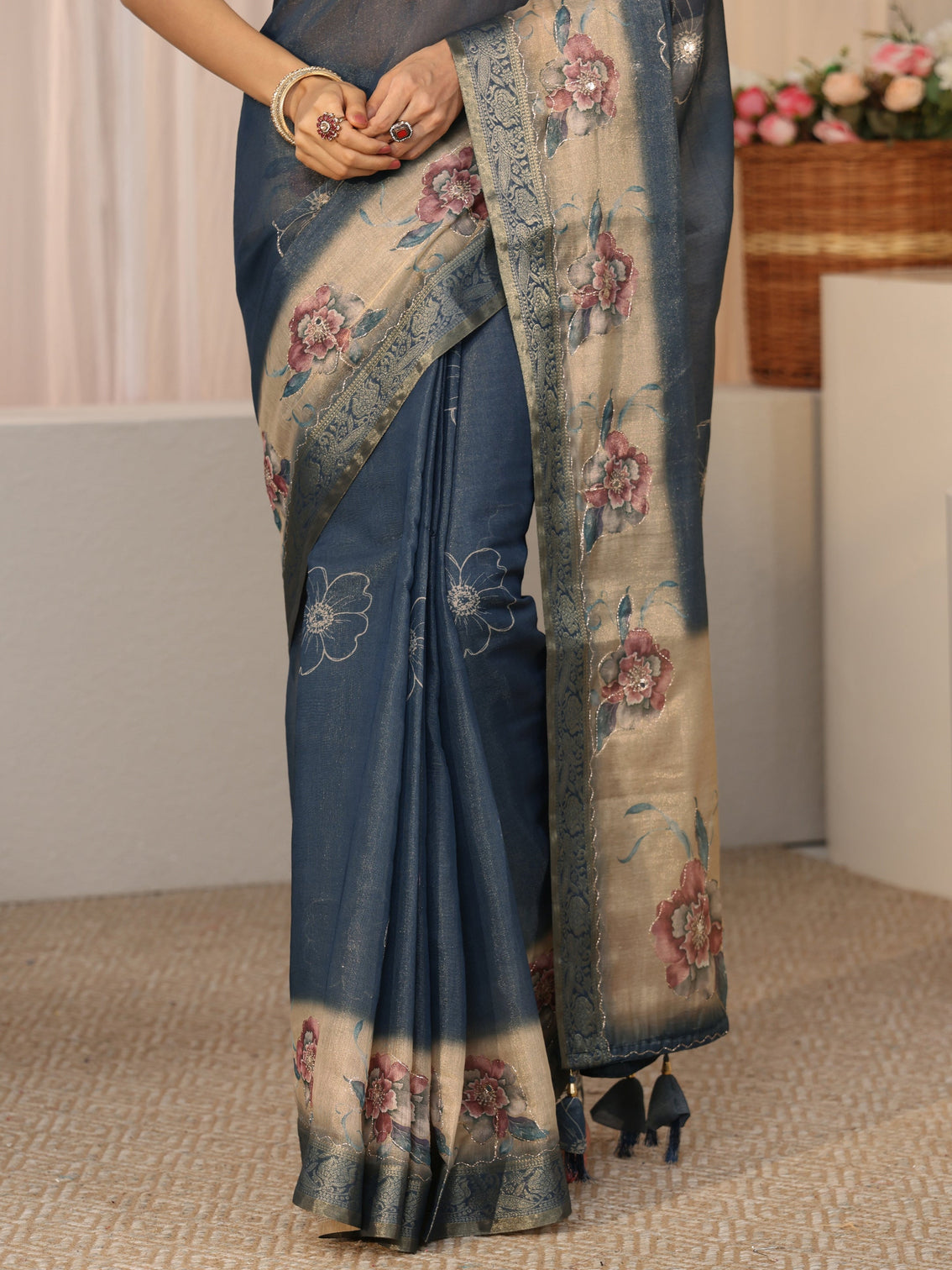 Mameraa Dusty Blue Floral Printed Silk Blend Ombre Saree with Woven Border