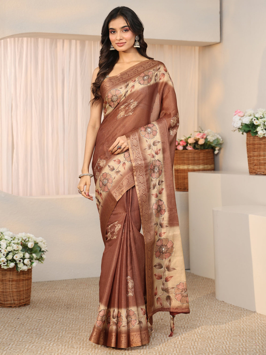 Mameraa Brown Floral Printed Ombre Silk Blend Saree