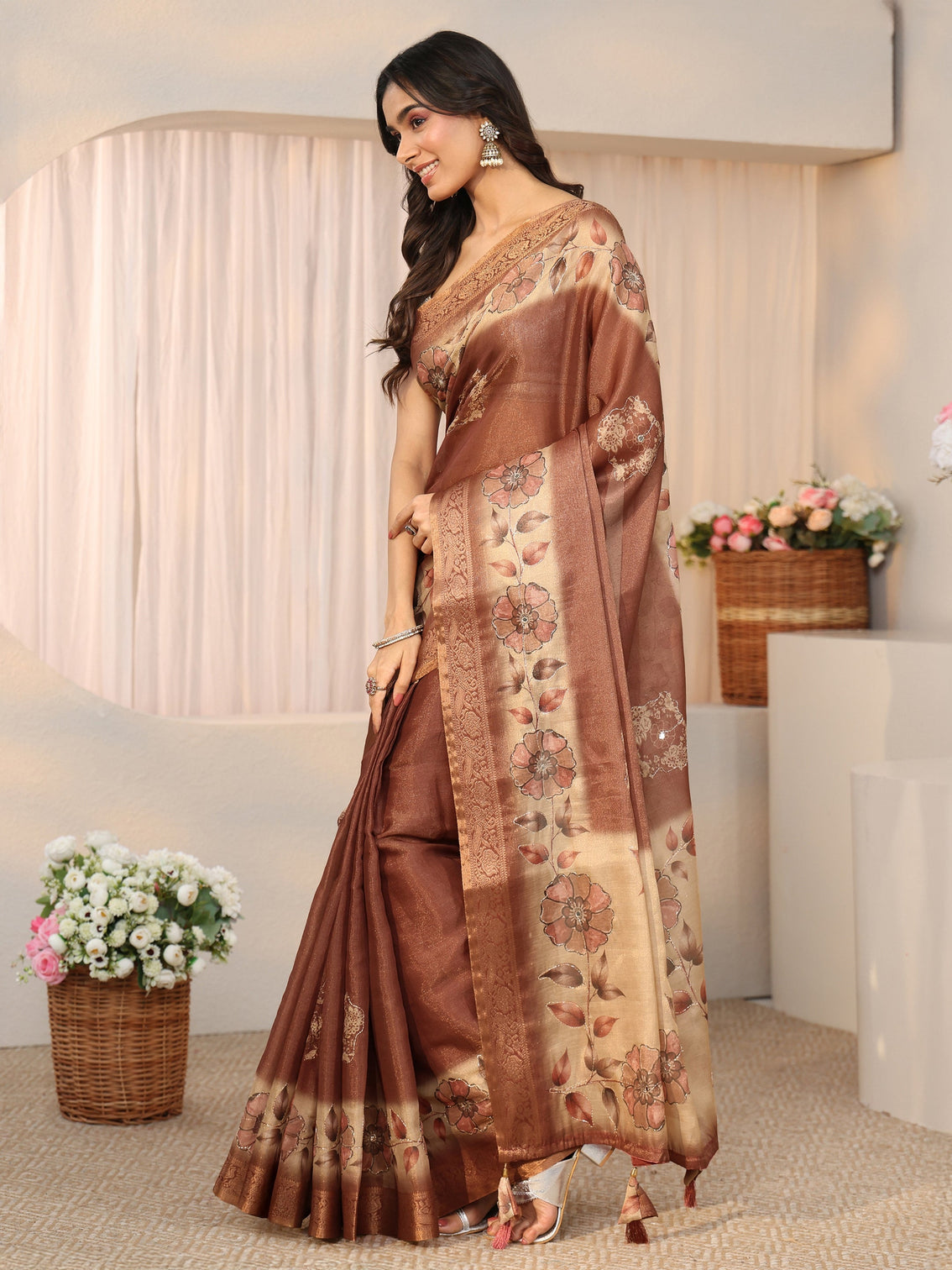 Mameraa Brown Floral Printed Ombre Silk Blend Saree