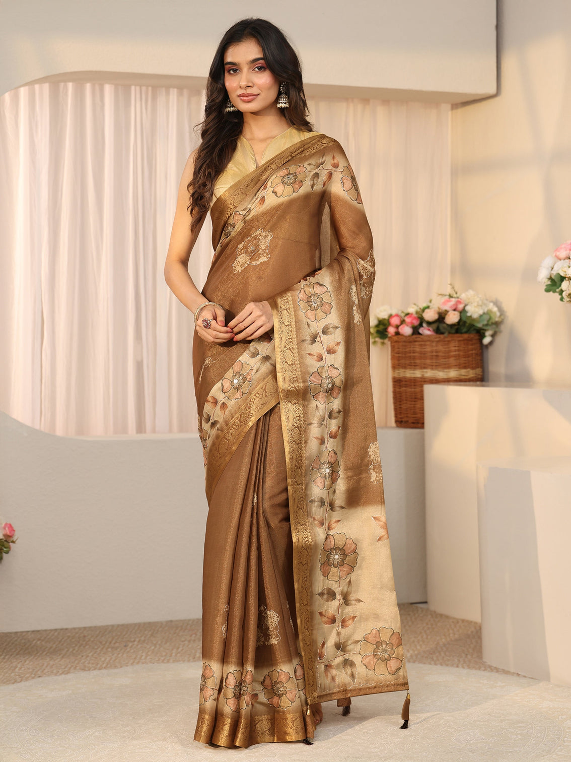 Mameraa Brown Floral Printed Silk Blend Ombre Saree with Woven Border