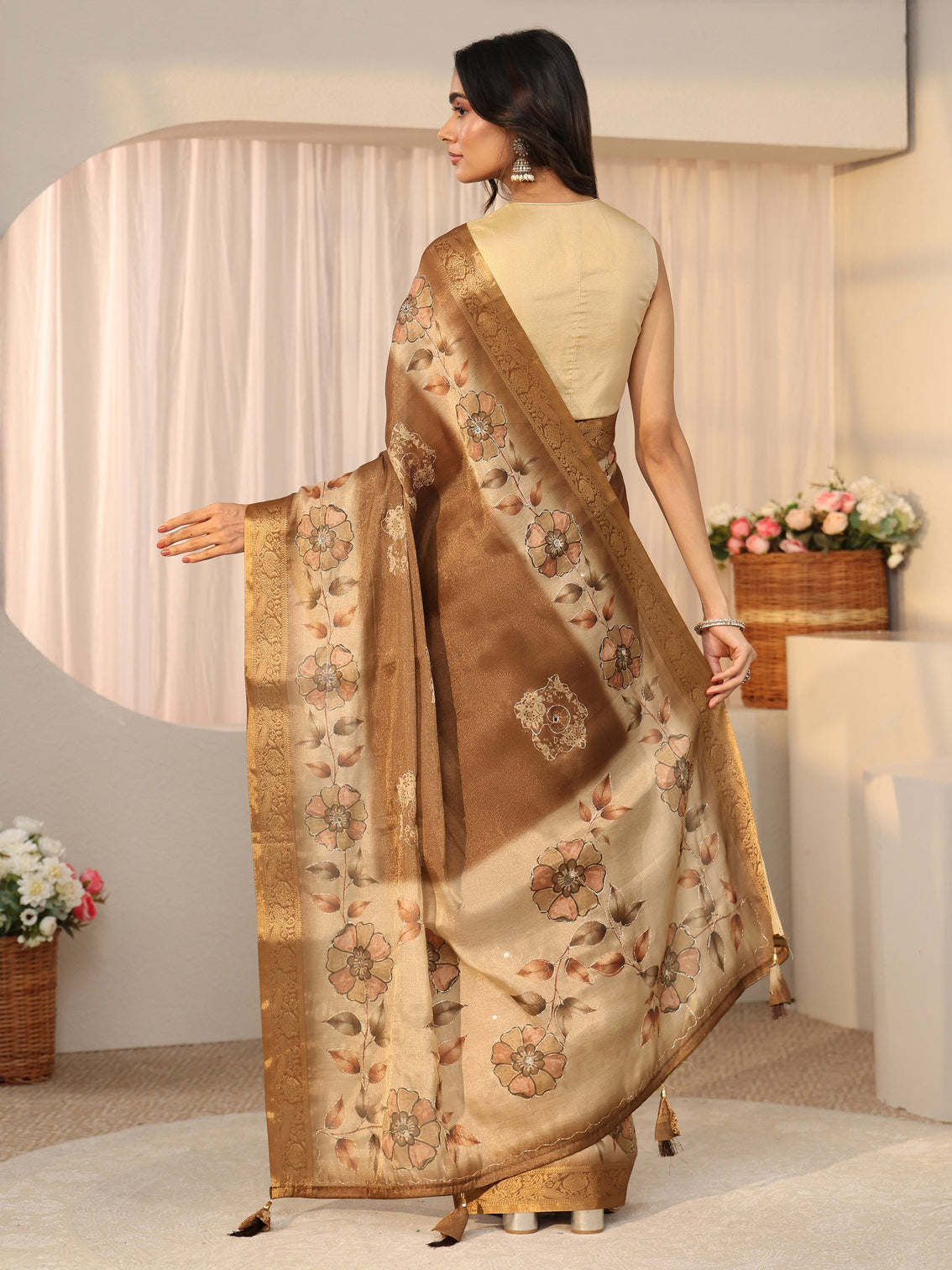Mameraa Brown Floral Printed Silk Blend Ombre Saree with Woven Border