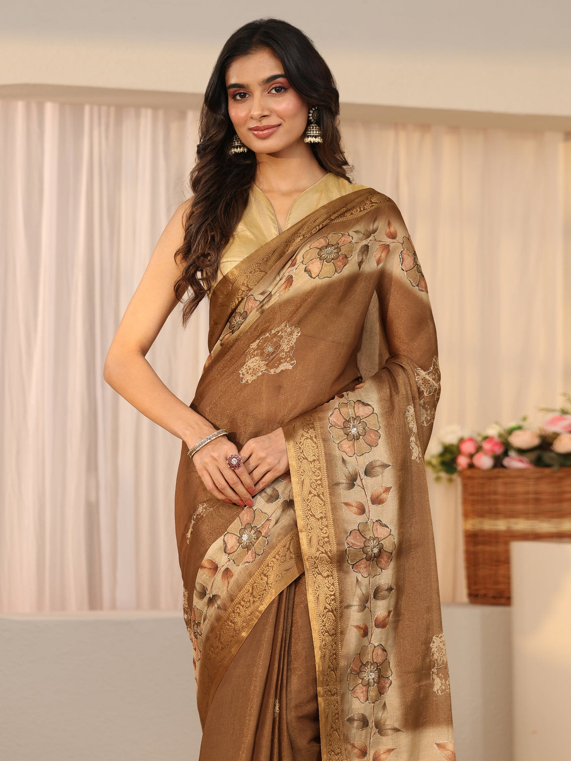 Mameraa Brown Floral Printed Silk Blend Ombre Saree with Woven Border